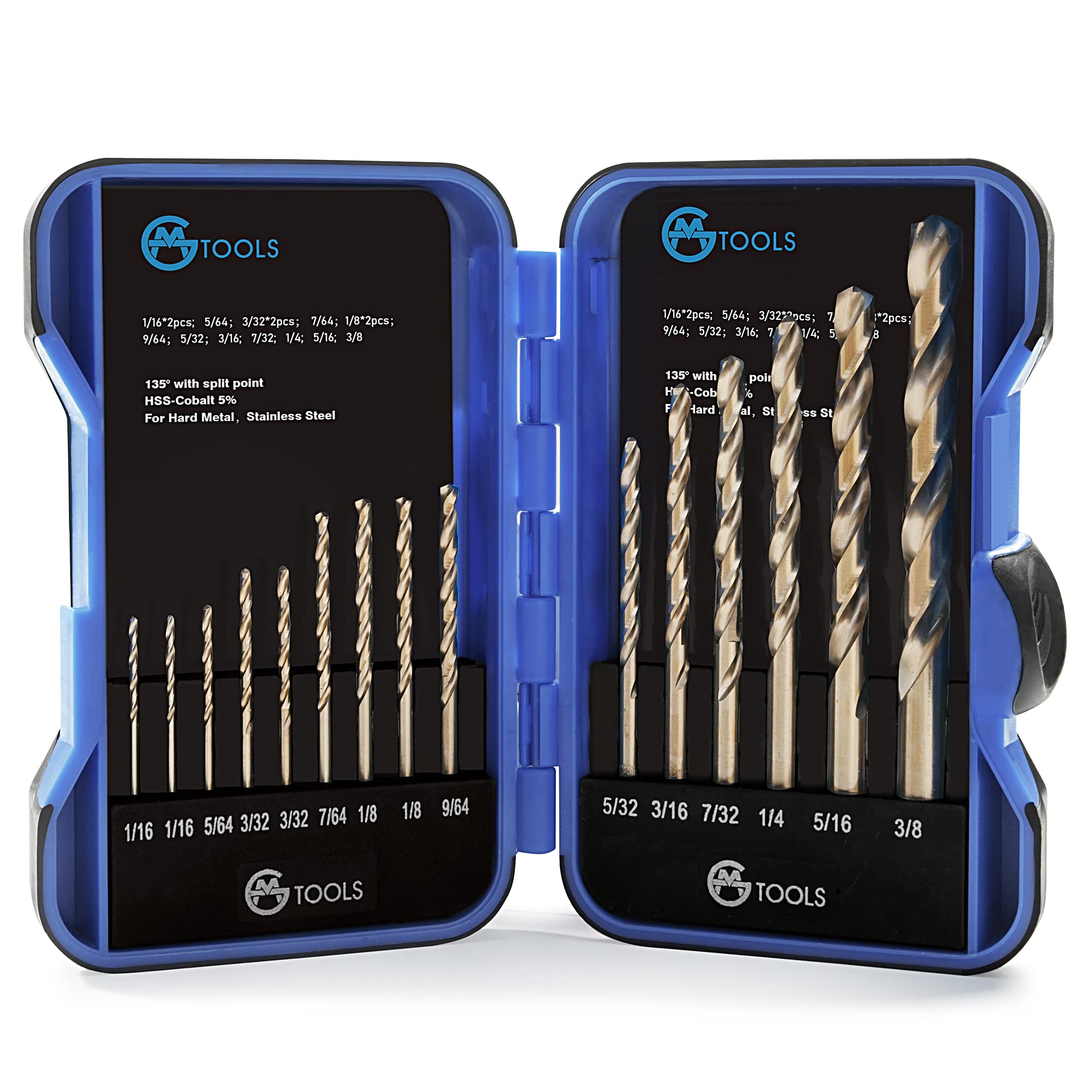 Photo 1 of GMTOOLS 15Pcs Cobalt Drill Bit Set, M35 HSS, 135 Degree Tip, Twist Jobber Length Drill Bit Kit for Hardened Metal, Cast Iron, Stainless Steel, Plastic and Wood, with Indexed Storage Case 1/16"-3/8"