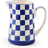 MACKENZIE-CHILDS Stoneware Pitcher with Spout, Decorative Drink Pitcher, 1.75 Quarts, Indigo Check