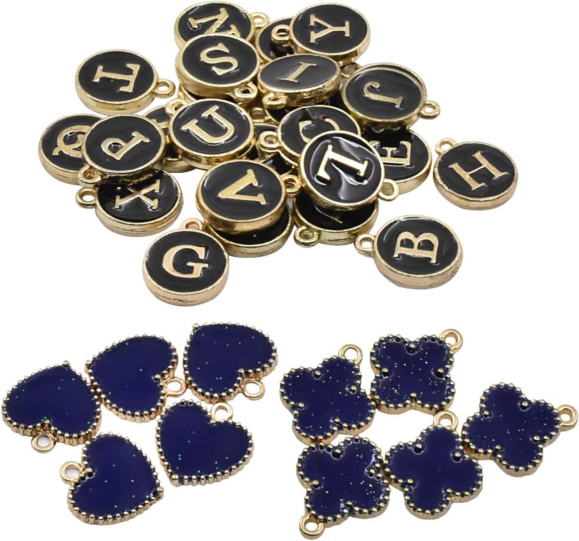 Letter Charms for Jewelry Making, Airelon Black Alphabet Charms, Four-Leaf Clover and Heart, for Necklace/Bracelet/Band Decorative