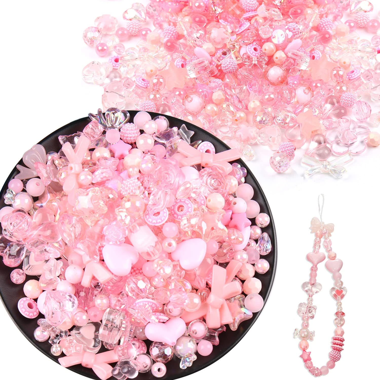 Photo 1 of 150g(170~230pcs) Aesthetic Acrylic Assorted Beads Cute Beads for Jewelry Making Kawaii Flower Heart Star Butterfly Bow Round Beads Bulk for Bracelets Making Necklaces DIY Crafts (Pink)