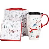 Topadorn Christmas Ceramic Coffee Travel Mug with Sealed Lid Tea Cup with Color Box, Microwave & Dishwasher Safe, 17oz Unique Coffee Mug for Latte & Hot Chocolate, Snowman