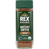 Rex Coffee Organic Fairtrade Decaf Instant Coffee, 3.53 oz Glass Jar | Freeze-dried Arabica, natural decaf, mold, mycotoxin, heavy metal &amp; acrylamide tested