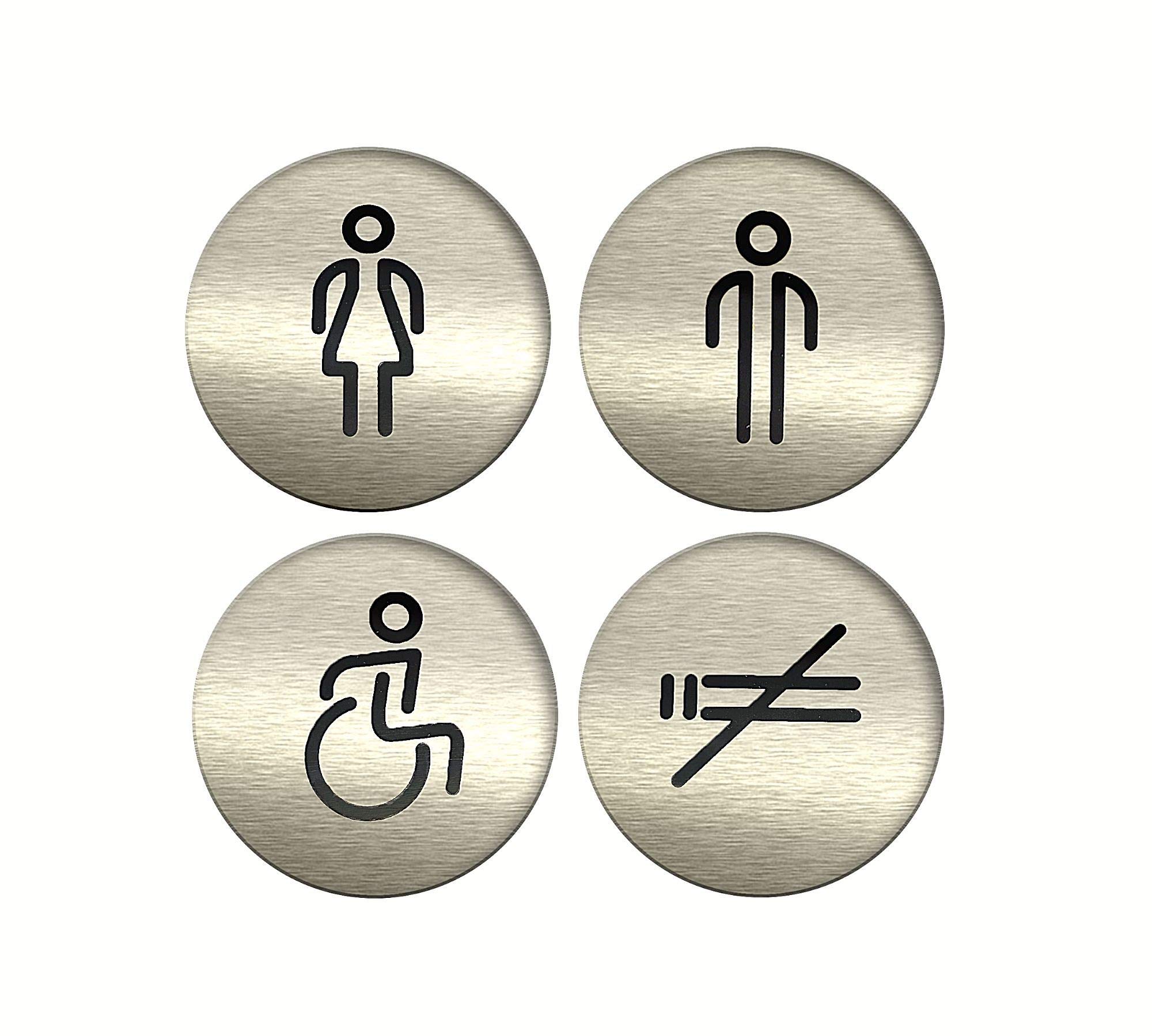 DOJA Barcelona | Toilet Door Sign Sticker | Ladies+Gentlemen+Disabled+No smoking | Color Gray | 100mm Diameter | Adhesive Male-Female WC Plaque | Round Steel Wall Bathroom Decor Door Man-Woman Signs