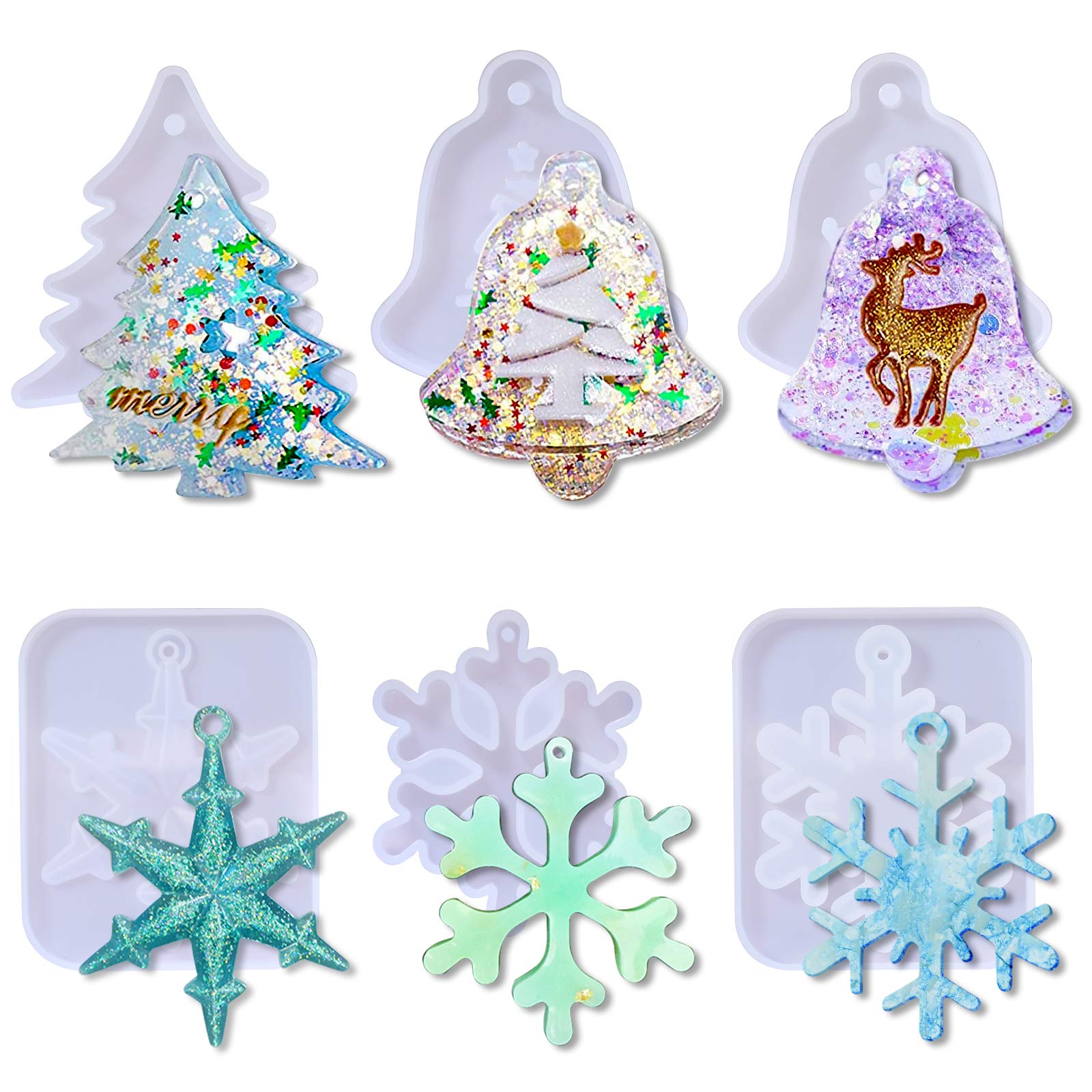 PHOGARY Epoxy Resin Moulds Christmas Snowflakes Silicone Molds,6 Pack Molds for Crystal Epoxy Casting, DIY Xmas Pendent Hanging Ornaments, Tree, Elk Bell Gift Decoration