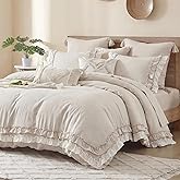 Bedorm Beige Ruffled Comforter Set Queen Boho Bedding Set Cream White Fringe Ruffle Romantic Bedroom Decor Shabby Chic Farmhouse Bedding Comforter