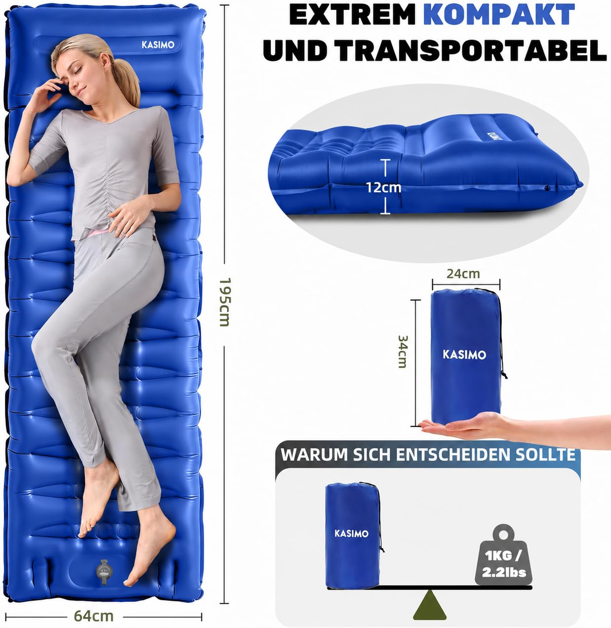 KASIMO Isomatte 12CM Luftmatratze Camping mit integrierten kopfkissen, Aufblasbare Matratze mit Fußpumpe Ultraleichte & Kompakte Isomatte - perfekt für unterwegs Wandern Zelt Blau 2
