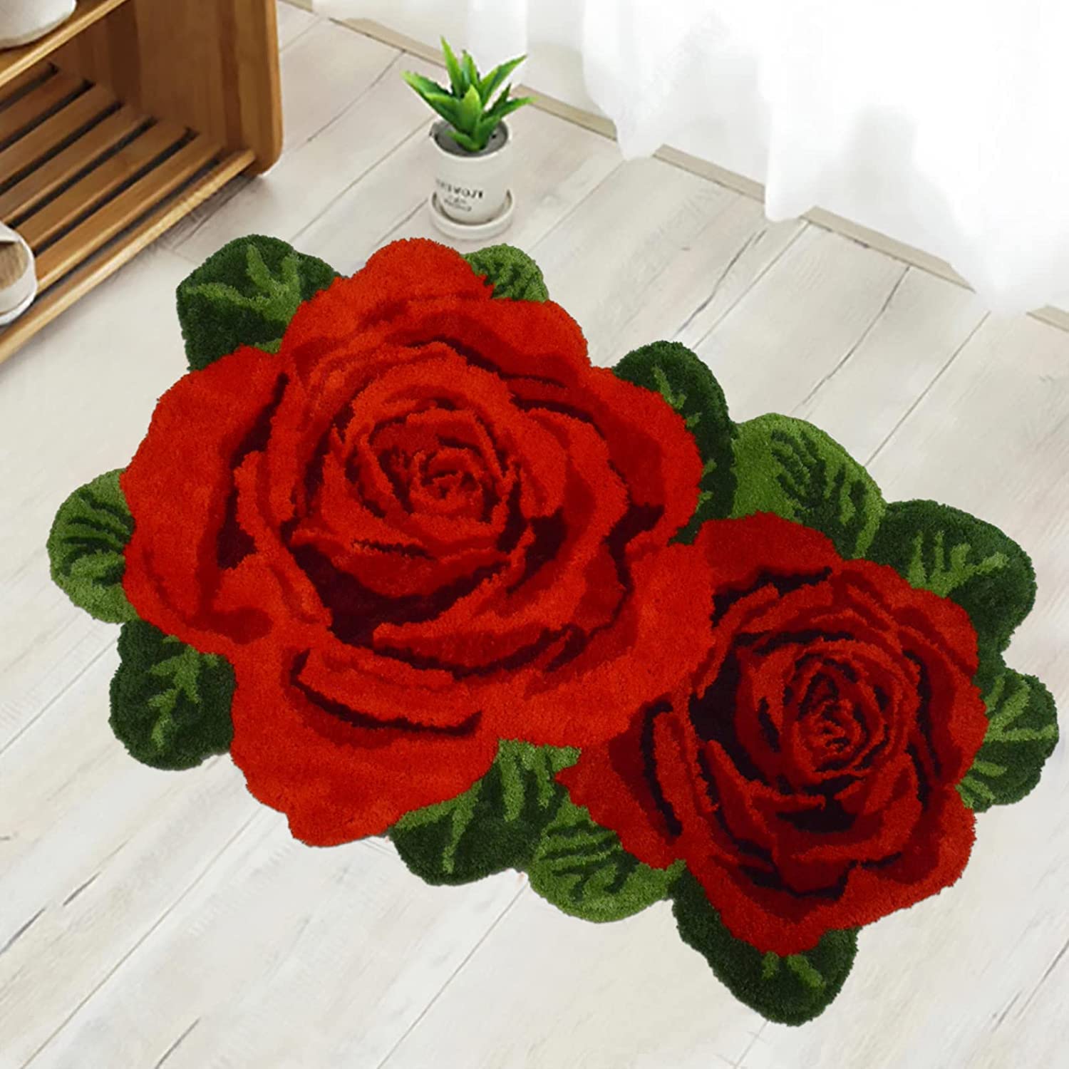 USTIDE Red Rose Rug Red Bathroom Rug Shaggy Bath Mat Plush Water Absorbent Rug for Bathroom Vanity Bathtub Washable High Pile Flower Doormat, 60x90cm