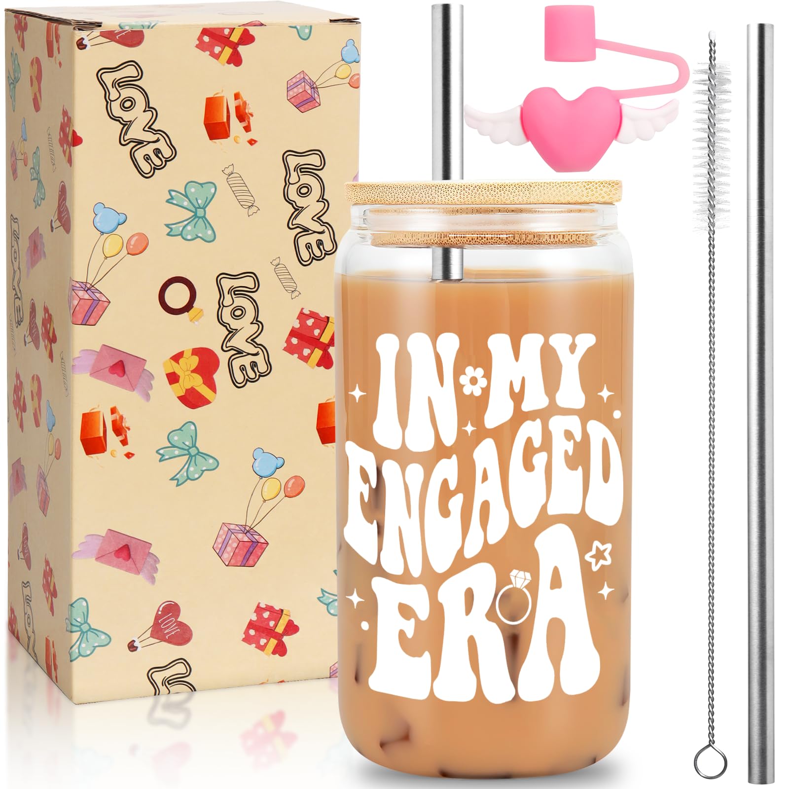 Ninivi Engagement Gifts 16 Oz in My Engaged Era Glass Cup with Lids and Straws Cover Engagement Gifts for Couples Engagements Present Bride to Be Gift Personalised Engaged Gift