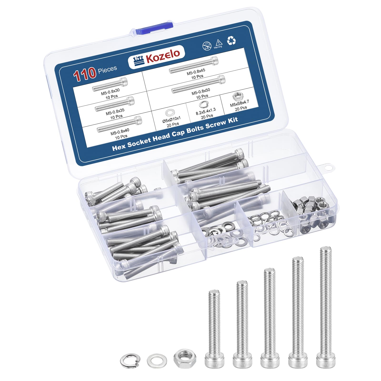 Kozelo 110pcs M5 Socket Head Cap Screws Bolts Nuts Assortment Kit - [M5x30/35/40/45/50mm] 304 Stainless Steel Allen Socket Drive for 3D Printer — image 1