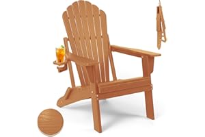 Plawdlik Folding Adirondack Chair,SGS Tested,Wooden Textured with Cup Holder,Widened Heavy All-Weather HDPE Comfortable Seating for Ourdoor Teak