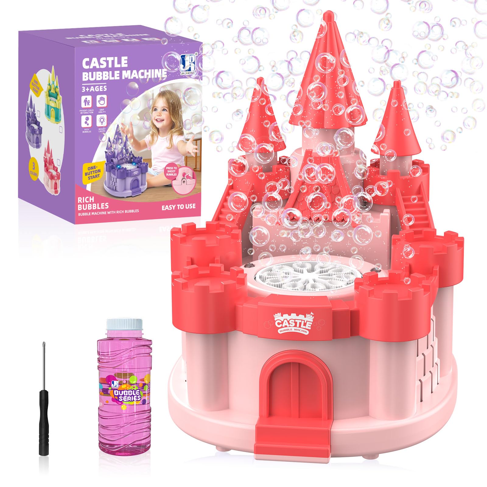 Photo 1 of PANACARE Castle Bubble Machine, Automatic Bubble Blower, 10000+ Bubbles per Minute/LED Light, with Bubble Solution, Electric Bubble Machine Toy, for Boys and Girls Birthday Party Outdoor Gift (Pink)