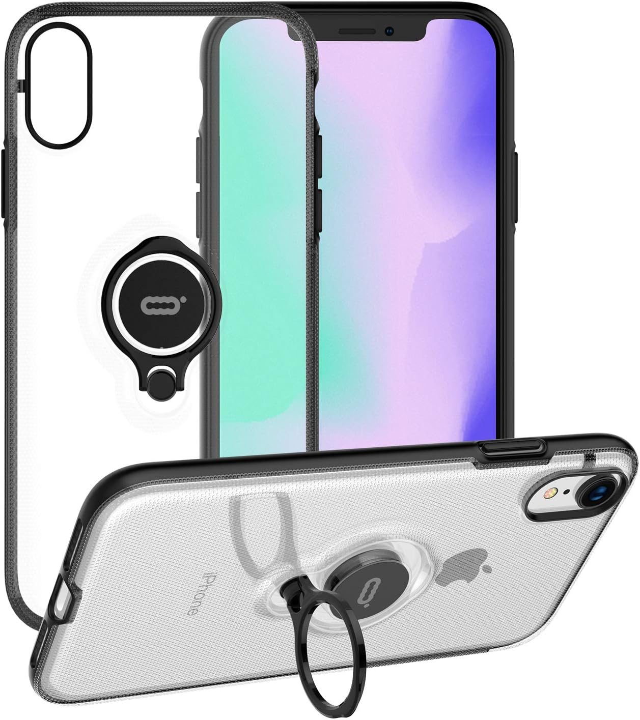 ICONFLANG Phone Case for iPhone XR Case, 360 Degree Rotating Ring Kickstand, Dual Layer Shockproof Impact Protection Phone Case for iPhone XR, Works with Magnetic Car Mount -Transparent