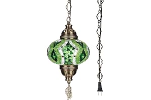 DEMMEX Authentic Turkish Plug in Pendant Light, 6.5" Big Size Globe, Made in Turkey, Turkish Moroccan Mosaic Ceiling Hanging Pendant Light Fixture Lamp, Swag Plug-in with 15ft Cord and Chain