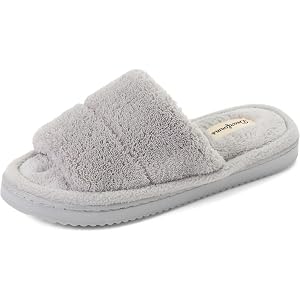 Dearfoams womens Sharon Terry Slide House Shoes With Memory Foam, Fuzzy Cozy Indoor Summer Slippers