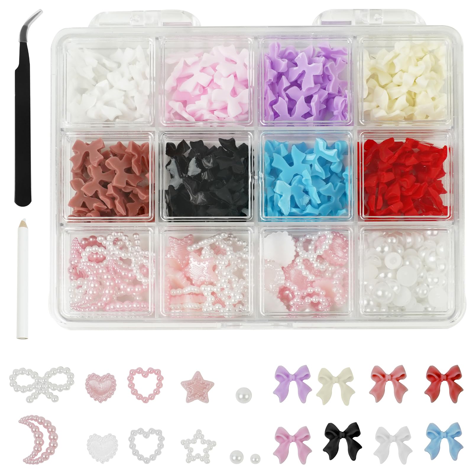 500 PCS Nail Charms 3D Bow Nail Charms Love Nail Rhinestones Nail Gems Rhinestones for Nails Nail Pearls Nail Art Gems Bow Charms for Nails Gems for Nails for Women Girls Nail DIY Accessories