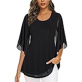 Ninedaily Women's Tops 3/4 Sleeve Blouses Dressy Casual Double Layers Mesh Tunic Shirts