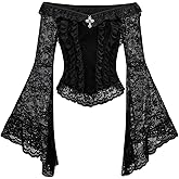 BEAUDRM Women's 70s Renaissance Gothic Off Shoulder Tops Y2k Bell Flared Sleeve Lace Mesh Crop Top Country Concert Outfits