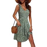 HUHOT Womens Sleeveless V Neck Dress with Pocket Summer Beach Midi Flared Tank Dress