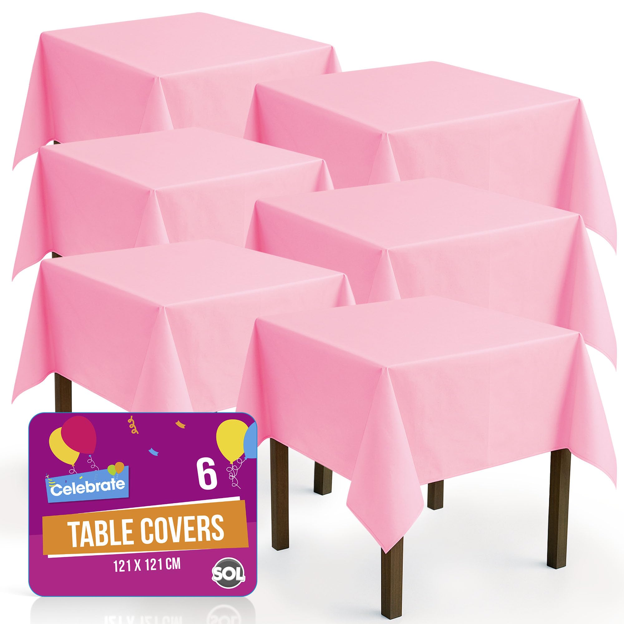 SOL 6pk Pink Table Cloths Party 121x121cm | Disposable Plastic Cover. Heavy Duty Spill Protection: Opaque Design for Girls Birthdays, Christening, Communion, Gender Reveals, Weddings & Charity Events.
