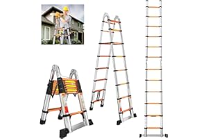 EVASTAR HOME EvaStar 16.5FT A Frame Telescoping Ladder, Lightweight Aluminum Telescopic Ladders w/Triangle Stabilizers, Stabilizer Bar & Wheels, 330lbs Capacity Extension Ladder for Home, Outdoor- Orange & Silver
