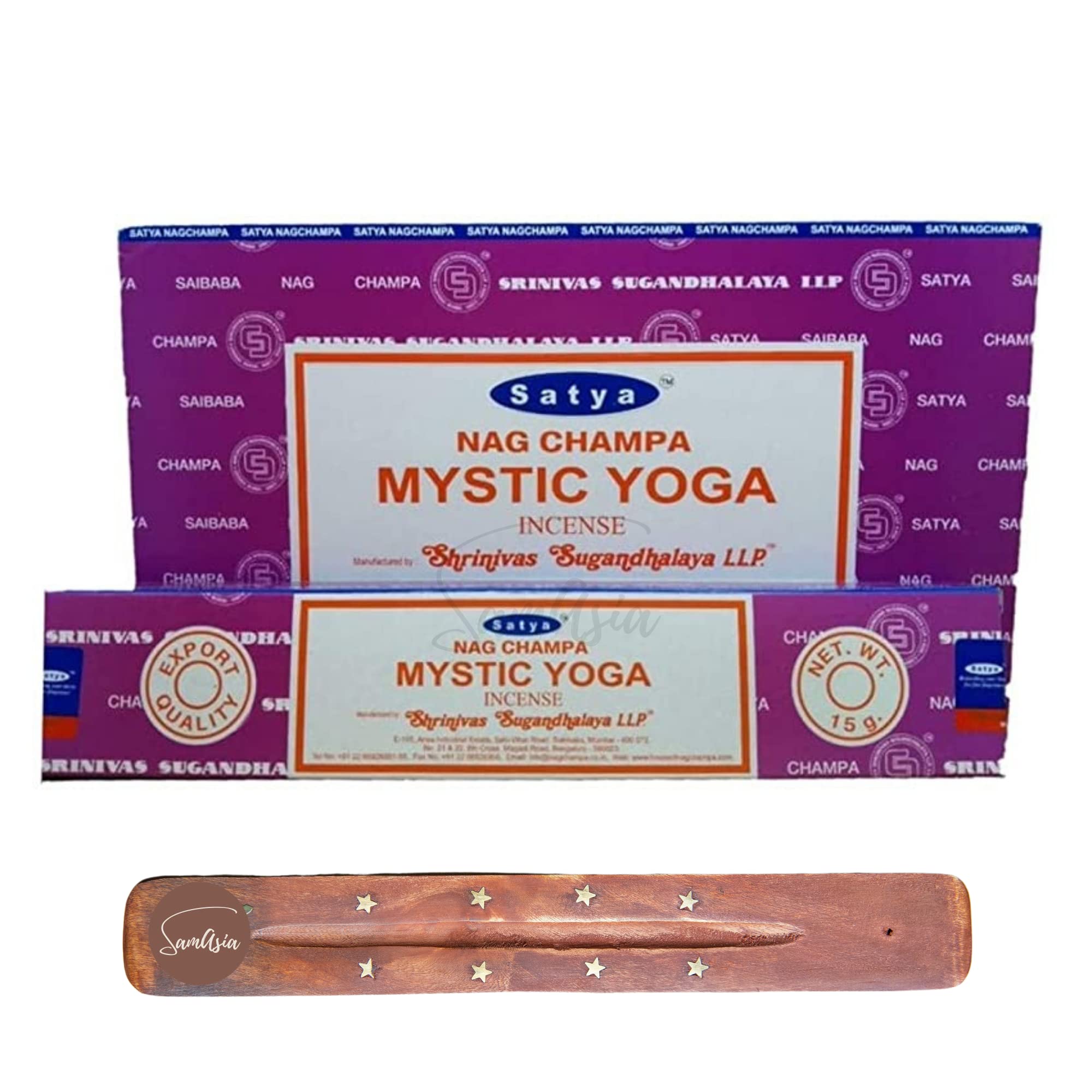Satya Nag Champa Mystic Yoga Incense Sticks | x12 pack | with SAMASIA incense sticks holder | Used for Myomatherapy, Spa, Yoga, Weddings, Meditation, Healing, Positivity and Relaxation