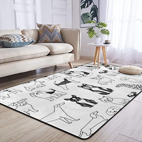 Amazon Co Jp 黒と白の手描き犬イラスト かわいい カーペット ラグ カーペット 152 X 213 Cm 薄い 屋内 おしゃれ かわいい モダン 現代 北欧 印象派 デザイン ルームマット 滑り止め付き ホーム キッチン