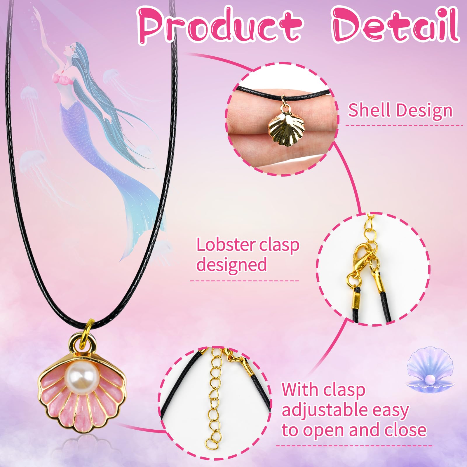 HSLCGF 36 Pack Mermaid Shell Necklace Summer Pink Shell Mermaid Party Gift Decor for Princess Under The Sea Birthday Themed Party Little Girls Gift Bag School Rewards