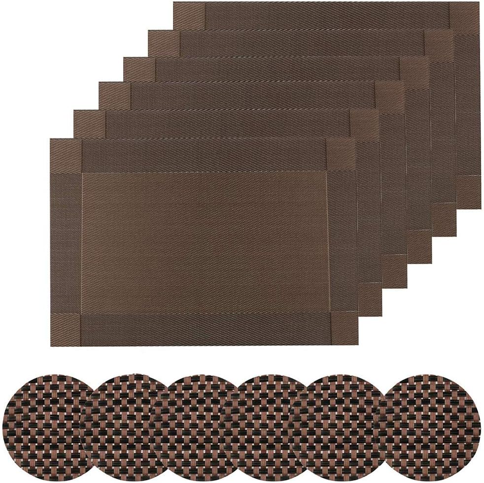ZOORE Place Mats, Simple Table Place Mats and Coasters Sets of 6 - Premium Heat Resistant Washable Tableware Square Dining Table Mats (18"X12" Brown)