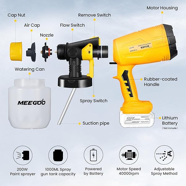 MEE GOO PAINT SPRAYER,ELECTRIC PAINT SPRAY GUN-200W HIGH POWER,5 NOZZLE SIZES,COMPATIBLE WITH DEWALT BATTERIES(NOT INCLUDE BATTERY),ADJUSTABLE FLOW CONTROL-PERFECT FOR WALLS,FENCES,FURNITURE(YELLOW)