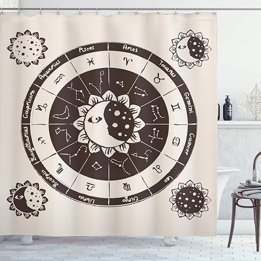 Amazon Com Ambesonne Constellation Shower Curtain Zodiac Signs Circle With Sun And Moon Floral Design Ancient Astrology Fabric Bathroom Decor Set With Hooks 84 Long Extra Dark Brown Cream Home Kitchen
