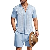 COOFANDY Men's 2 Piece Outfit Vintage Short Sleeve Button Down Knit Polo Shirts Casual Beach Shorts Sets