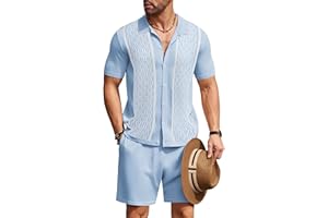 COOFANDY Men's 2 Piece Outfit Vintage Short Sleeve Button Down Knit Polo Shirts Casual Beach Shorts Sets