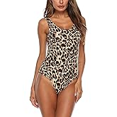 Queen.M Women's Sexy Bodysuit Leopard Snake Skin Leotard Tank Top Sleeveless Scoop Neck Bodycon Jumpsuit Onesie Romper