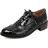 Uniquelly Women's Wingtip Oxford Shoes Lace Up Oxfords Round Toe Chunky Low Heels Casual Work Vintage Brogues Saddle Shoes Pumps