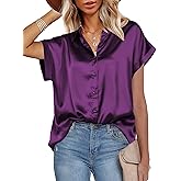HOTOUCH Silk Button Down Shirts for Women Satin Short Sleeve V Neck Casual Work Office Blouse Tunic Tops