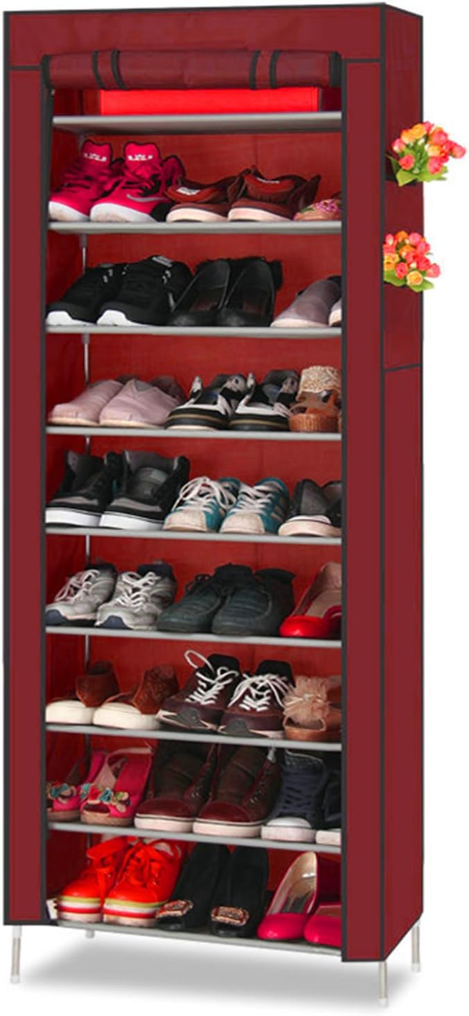 AcornFort S202 10 Tiers Shoe Cabinet Tower Storage Organizer Shoe Rack Stand 58 x 28 x 170cm with Oxford Fabric Dustproof Cover Hold Up To 30 Pairs Shoes (Red)