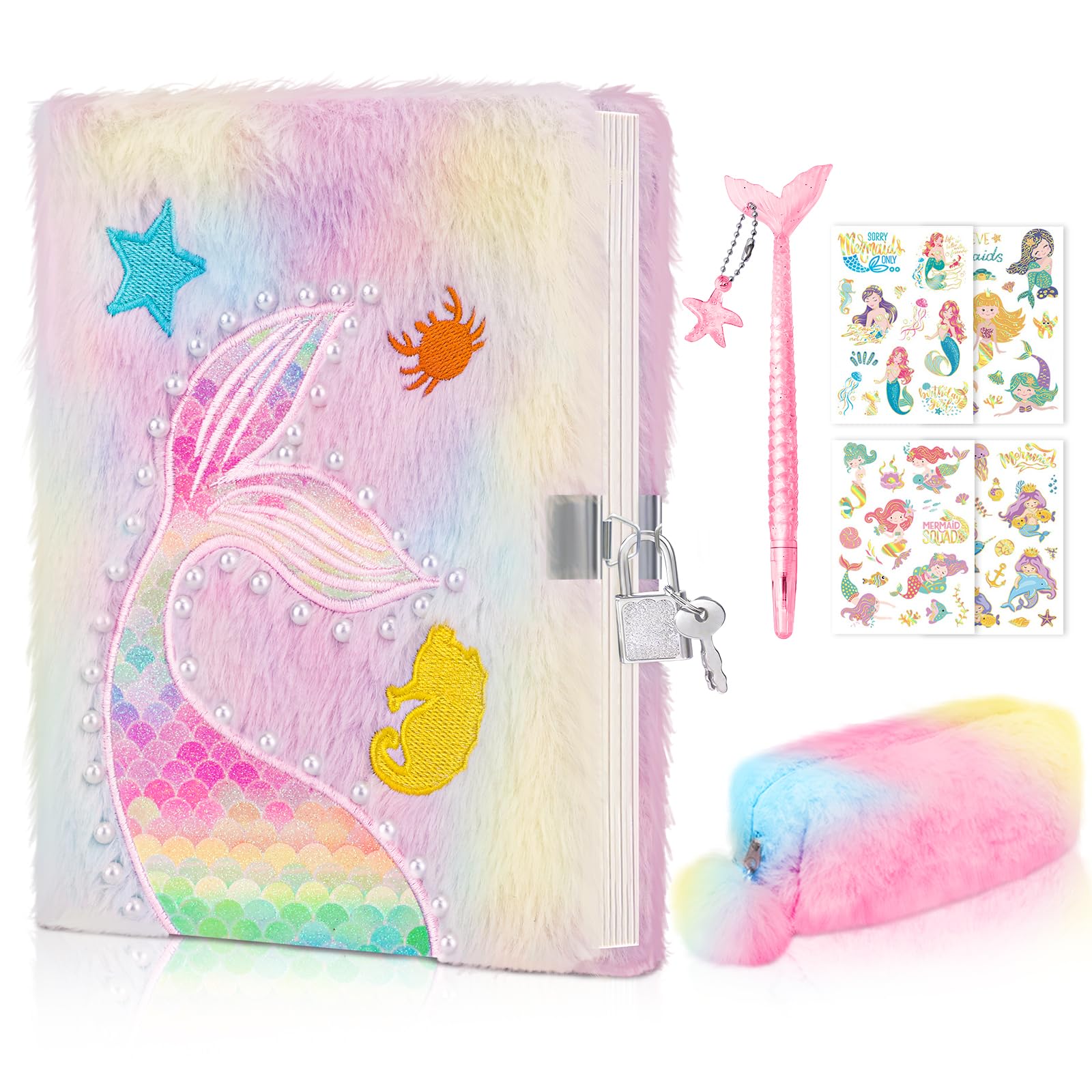 homicozy Diary Girl with Lock, Stationery Girls, Mermaid Notebook with Plush, Private Notebook with Mermaid Pen and 4 Mermaid Stickers, Girls Gift