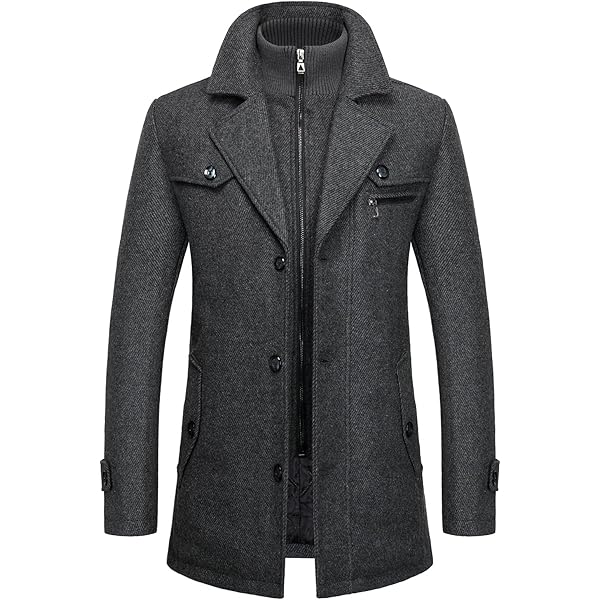 KTWOLEN Men's Wool Jacket Single Breasted Winter Coat with