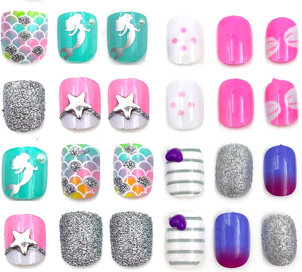 64pcs Flake Artificial Fake Nails Easy Press on Cute Animals flase Nails for Teens Girls Kids with Glue on (D)
