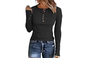 APOFER Womens Long Sleeves Ribbed Knit Tunic Shirts Scoop Neck Button Down Tops Casual Henley Tee Shirt Slim Fit Blouses
