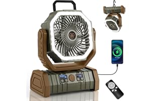 Odoland 30000mAh Camping Fan with LED Lantern, Rechargeable Battery Operated Oscillating Fan with Remote & Hook, Portable Ten