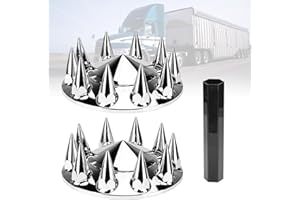 AUTSURLES ABS Chrome Plastic Front Axle Cover Kit Spike Axle Wheel Covers 33mm Thread-On Lug Nut Covers with Removable Hub Caps for Semi Truck (Installation Tool Included) 2Pcs