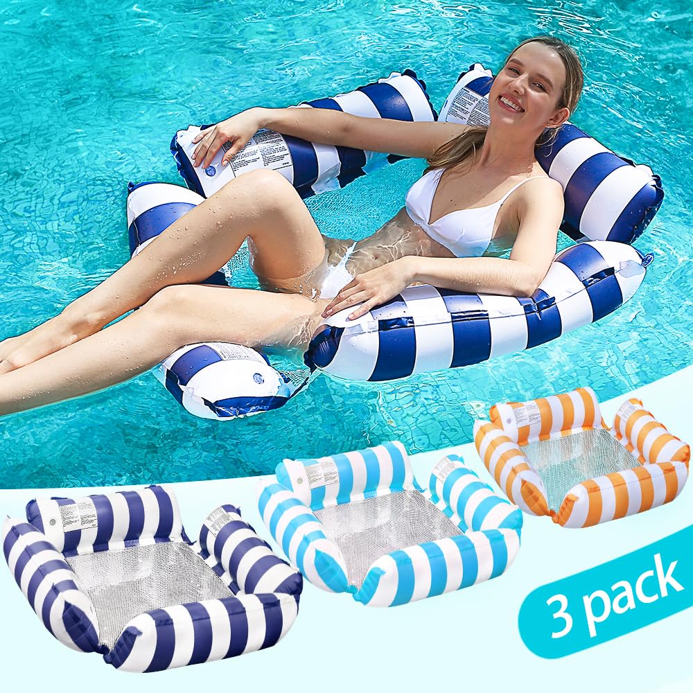 Photo 1 of 3 Pack Inflatable Pool Chair Float, Water Hammock Lounge Chair, Multi-Purpose Drifter Pool Floats for Summer Pool Lake Beach (Navy Blue + Light Blue + Orange)