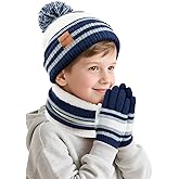 Kids Winter Hat Scarf Gloves: Boys Beanie Hats Gloves Set for Ages 6-10 Warm Thick Fleece Lined Winter Set Knit Cap Snow Ski