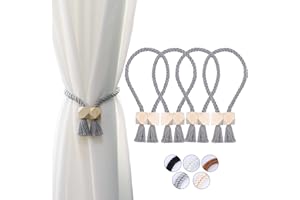 OCIOLI 4 Pack Strong Magnetic Curtain Tiebacks Curtain Holdbacks Outdoor Curtain Tiebacks Cotton Hand Woven Tie Backs Drapery Holdbacks Curtain Ties for Drapes (Grey, 4)