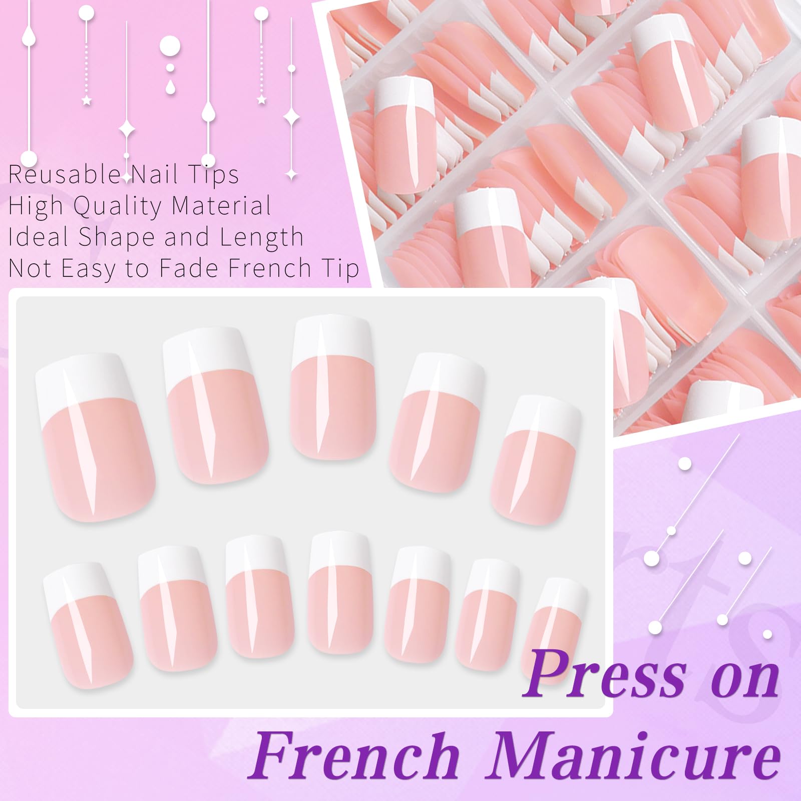 Lifextol 240pc French Tip Press on Nails Short Fake Nails with Glue and Adhesive Tab, False Acrylic Nails Press on Nails Square Nail Tips Artificial Glue on Nails Press ons Fingernail Stick on Nails - Image 2