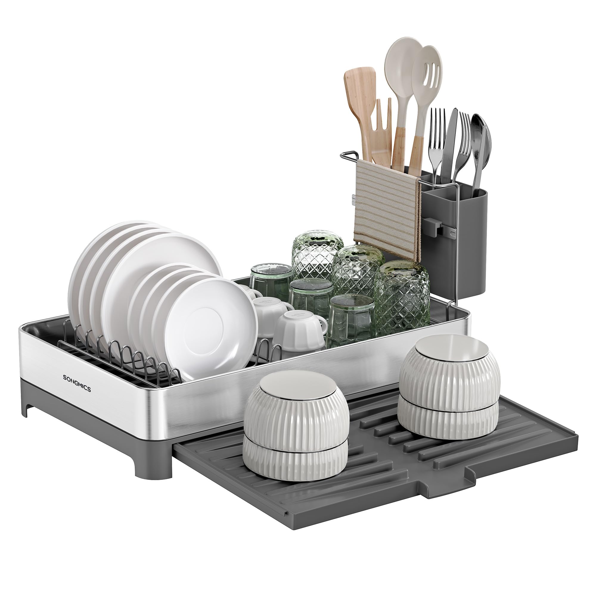 Photo 1 of SONGMICS Small Dish Drying Rack, Expandable Dish Dryer for Kitchen Counter, Stainless Steel Dish Rack with Utensil Holder, Rustproof, for Dishes, Knives, Spoons, Forks, Silver and Gray UKCS035G01