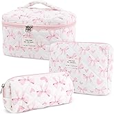 Hatende 3Pcs Cotton Quilted Makeup Bag Set,Large Floral Cosmetic Bag，Aesthetic Toiletry Travel Makeup Bag Set and Cute Flower Bag for Women Girls (Love Bow)