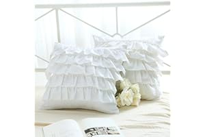 MEANING4 2-Pack White Throw Pillow Covers with Waterfall Ruffles 7 Lays Square Cushion Cases Egypt Cotton 26"X26"Soft Boudoir