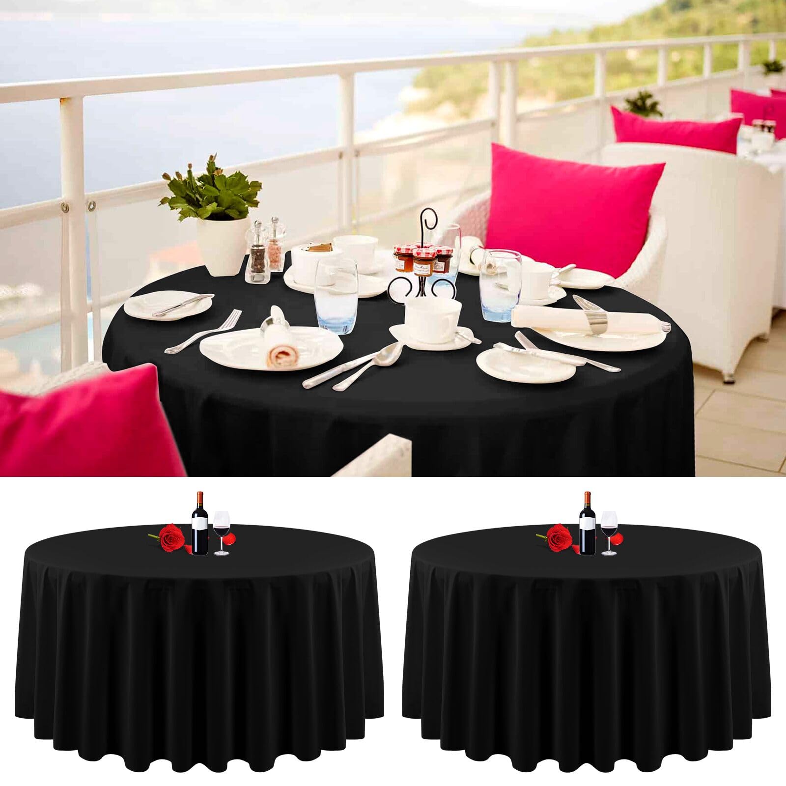 Lumaycens 2 Pack Round Tablecloth 90 Inch Black Round Table Cloth Wrinkle Resistant Washable Black Table Cloths Polyester Fabric Table Cover for Wedding Party Restaurant Buffet Table